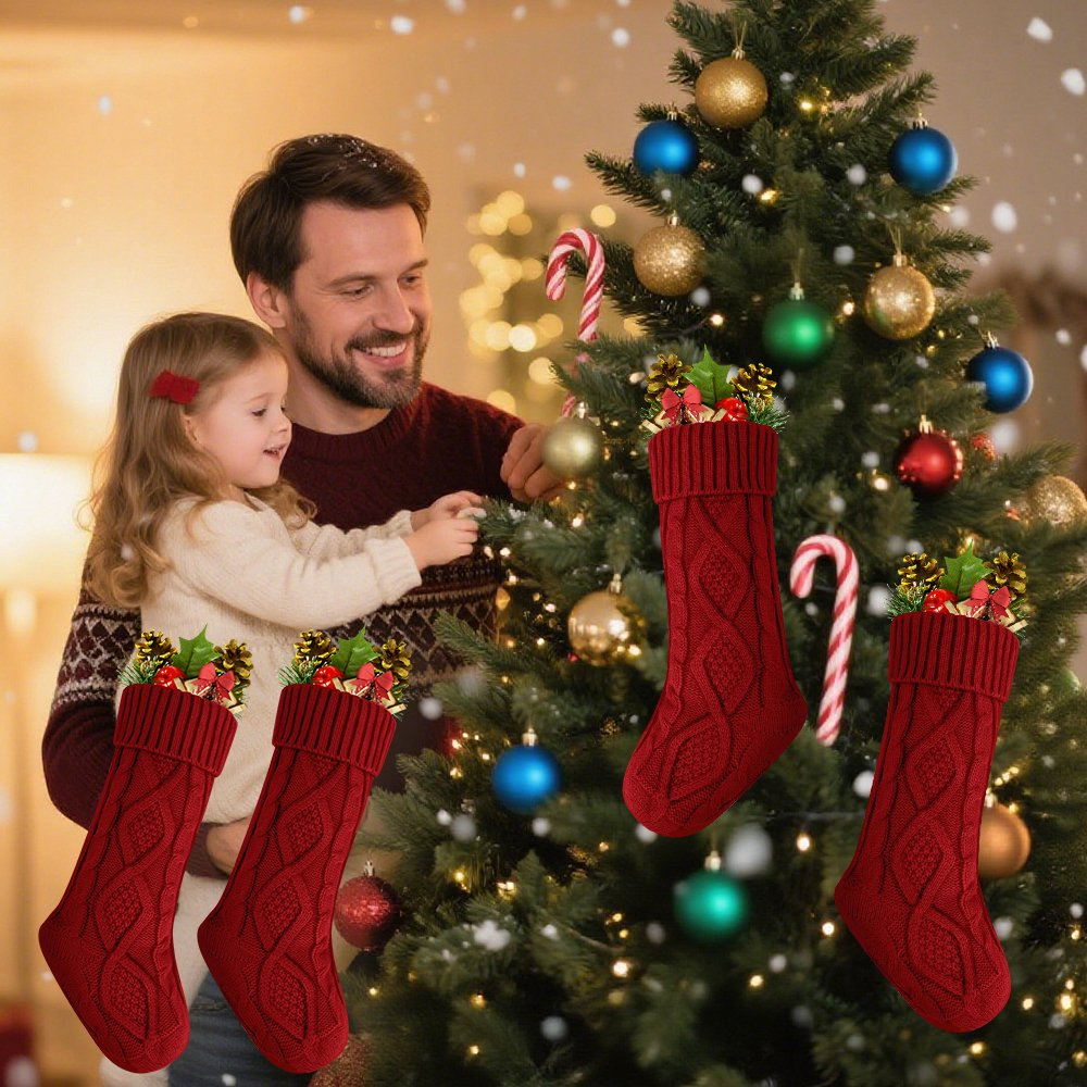 4 Pack Christmas Stockings, Knitted Stocking for Holiday Christmas Party Family Decorations Red