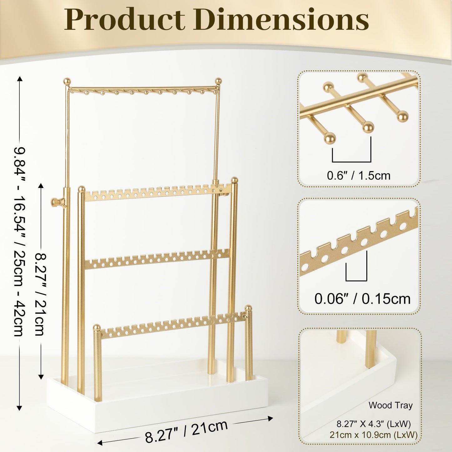 3-Tier Adjustable Earring Necklace Holder Organizer Stand, Gold Jewelry Display Tree with 105 Slots, 10 Double-Sided Hooks, White Tray for Women, Girls