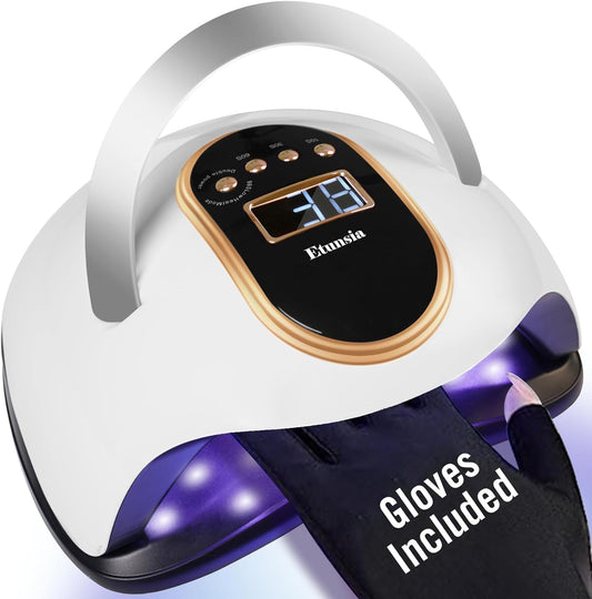UV Light for Nails, 168W UV Light for Gel Nails/Acrylic, UV LED Nail Lamp with 4 Timer Modes - Automatic Sensor -LCD Screen - 2 UV Gloves UPF50+, Gel Nail Light for Salon Quality at Home