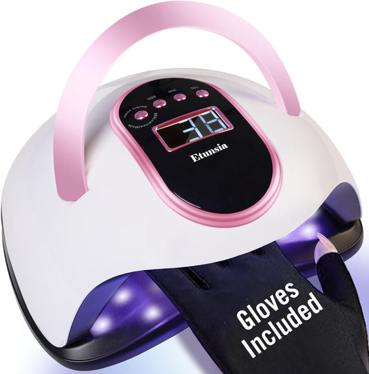 UV Light for Nails, 168W UV Light for Gel Nails/Acrylic, UV LED Nail Lamp with 4 Timer Modes - Automatic Sensor -LCD Screen - 2 UV Gloves UPF50+, Gel Nail Light for Salon Quality at Home