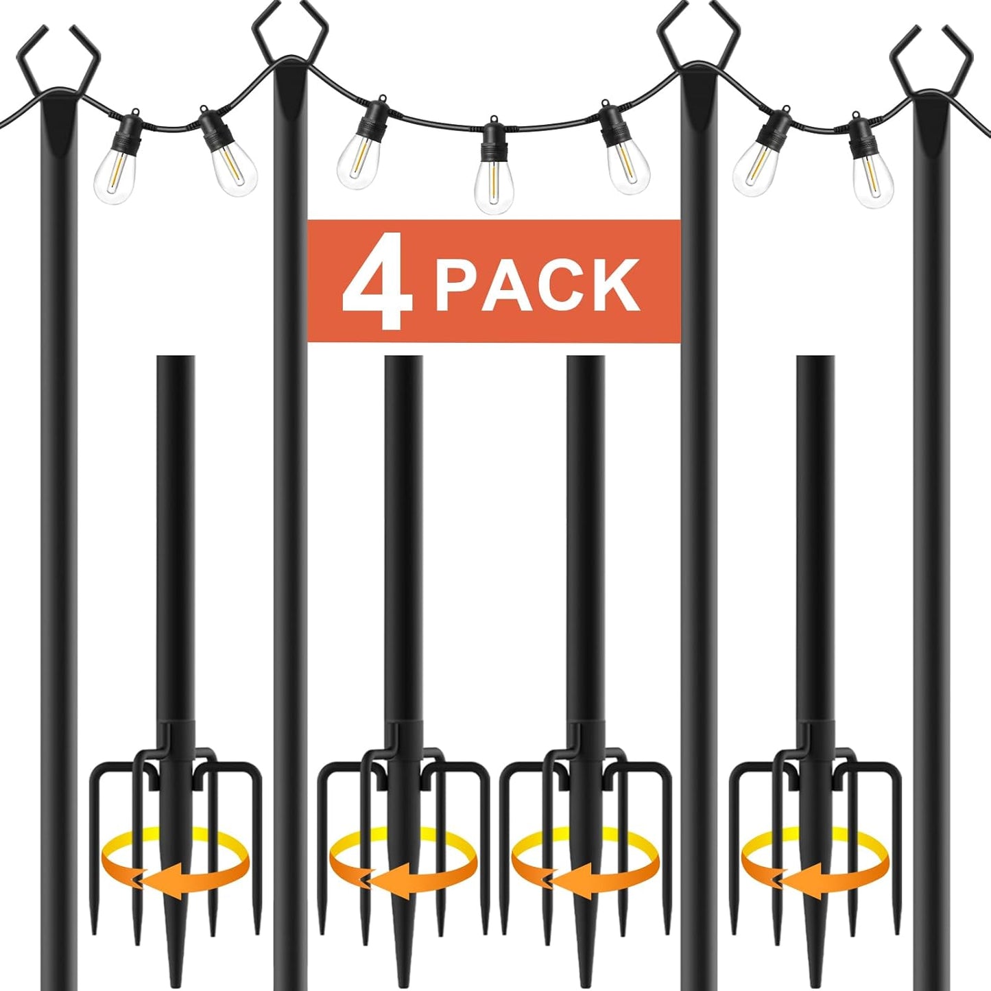 4 Pack Metal Outdoor Light Poles – 8.85ft Tall Stands with Brackets for String Lights