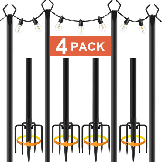 4 Pack Metal Outdoor Light Poles – 8.85ft Tall Stands with Brackets for String Lights