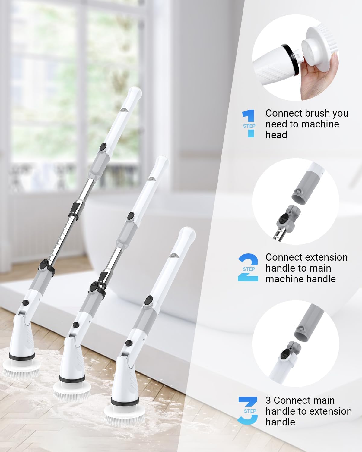 Electric Spin Scrubber, Cordless Power Brush Floor Scrubber with Adjustable Extension Arm and 4 Replaceable Bathroom Cleaning Brush Heads, Ideal for Tub, Tile, and Floor Cleaning