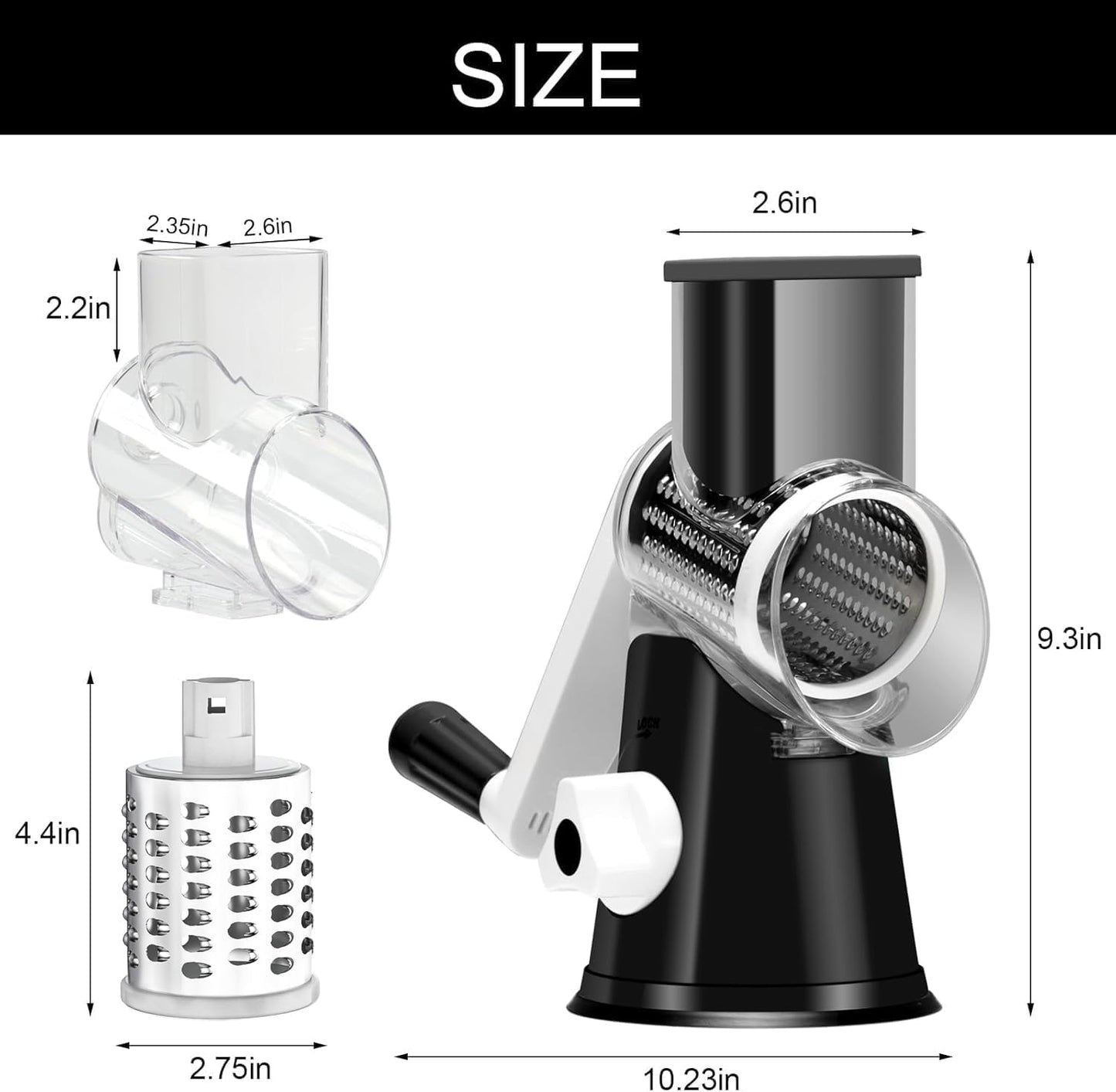 Hand Crank Rotary Cheese Grater with 3 Blades & Suction Base – Shreds Fresh Cheese, Vegetables & Nuts, Includes Cleaning Brush, Black