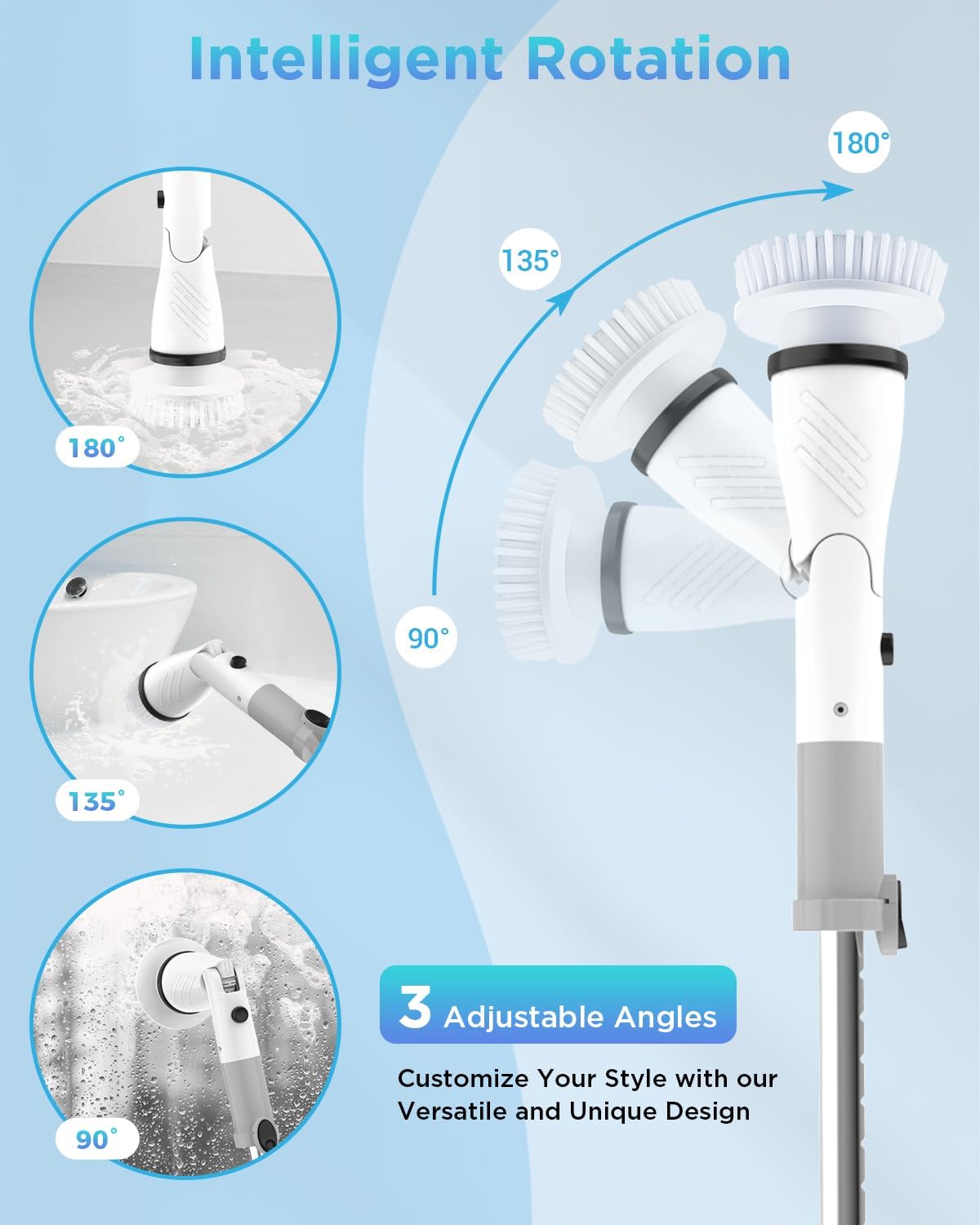Electric Spin Scrubber, Cordless Power Brush Floor Scrubber with Adjustable Extension Arm and 4 Replaceable Bathroom Cleaning Brush Heads, Ideal for Tub, Tile, and Floor Cleaning