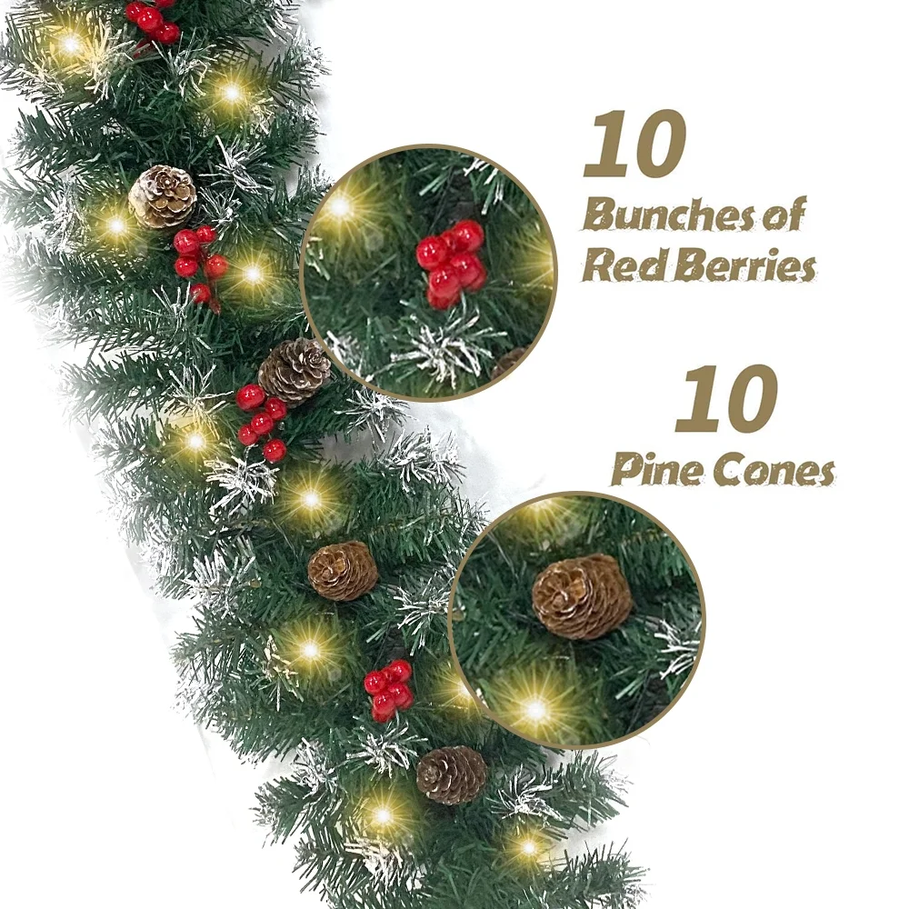 2 Pcs 6ft Pre-Lit Christmas Garland with 40 Waterproof LED Lights, Pine Cones & Berries, 200 Branches Christmas Decoration
