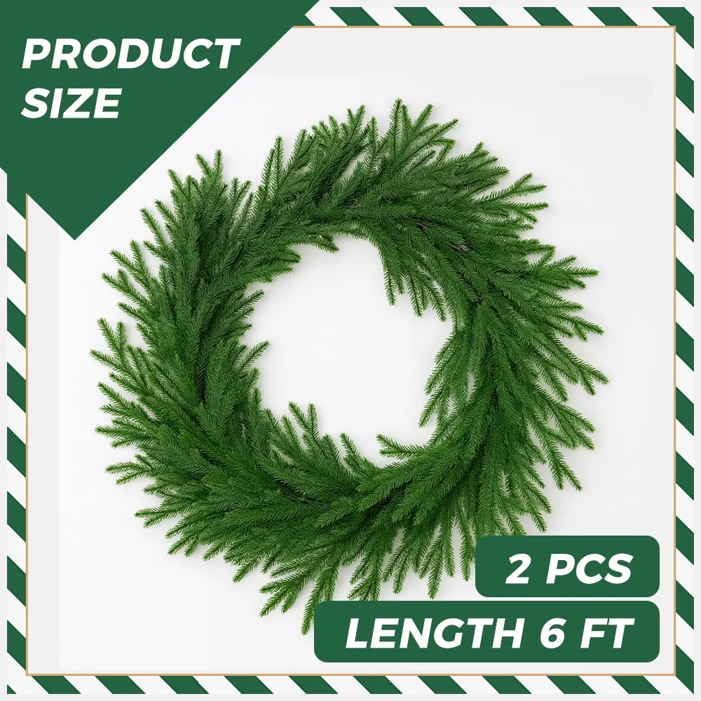 2 Pcs 6 FT Artificial Pine Garlands Real Touch Artificial Pine Garland,  – Winter Greenery for Indoor/Outdoor Xmas, Mantle & Staircase Decor