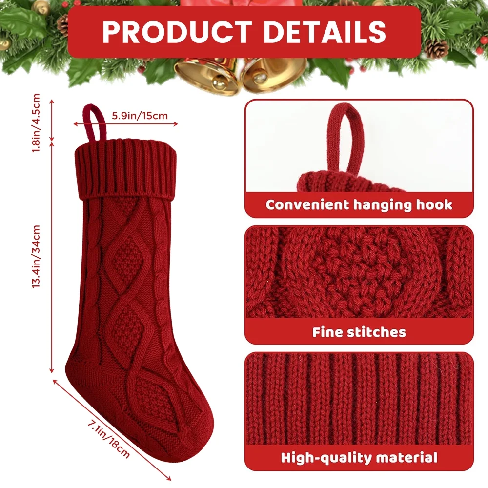 4 Pack Christmas Stockings, Knitted Stocking for Holiday Christmas Party Family Decorations Red