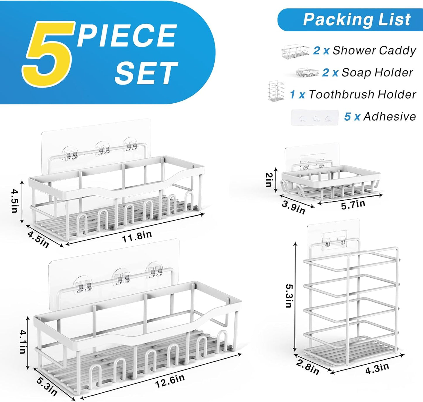 5-Pack Stainless Steel Shower Caddy – No-Drill Adhesive Shelves with Large Capacity, Rustproof Bathroom & Kitchen Organizer, XL Size