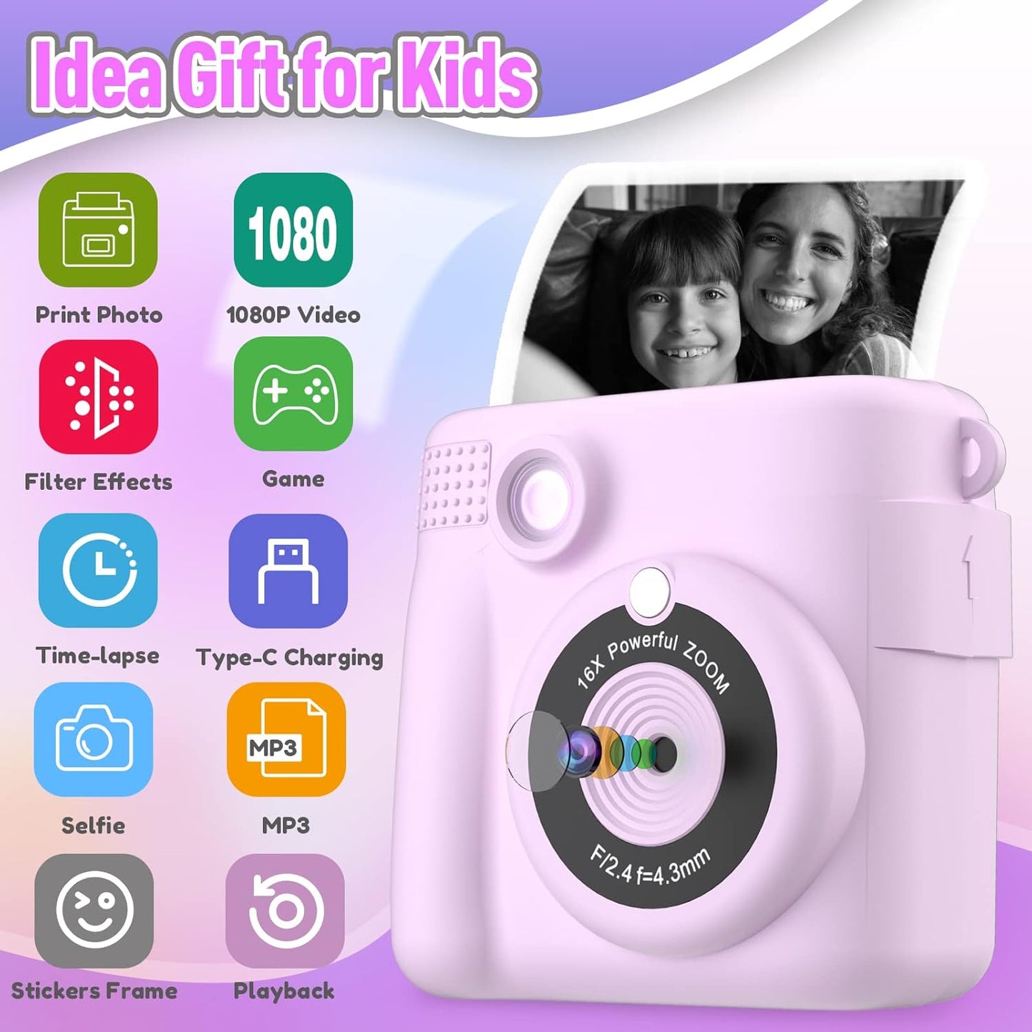Instant Print Camera for Kids, Christmas Birthday Gifts for Girls Boys Age 3-12,Kids Digital Cameras for Toddler, with 32GB SD Card-Purple