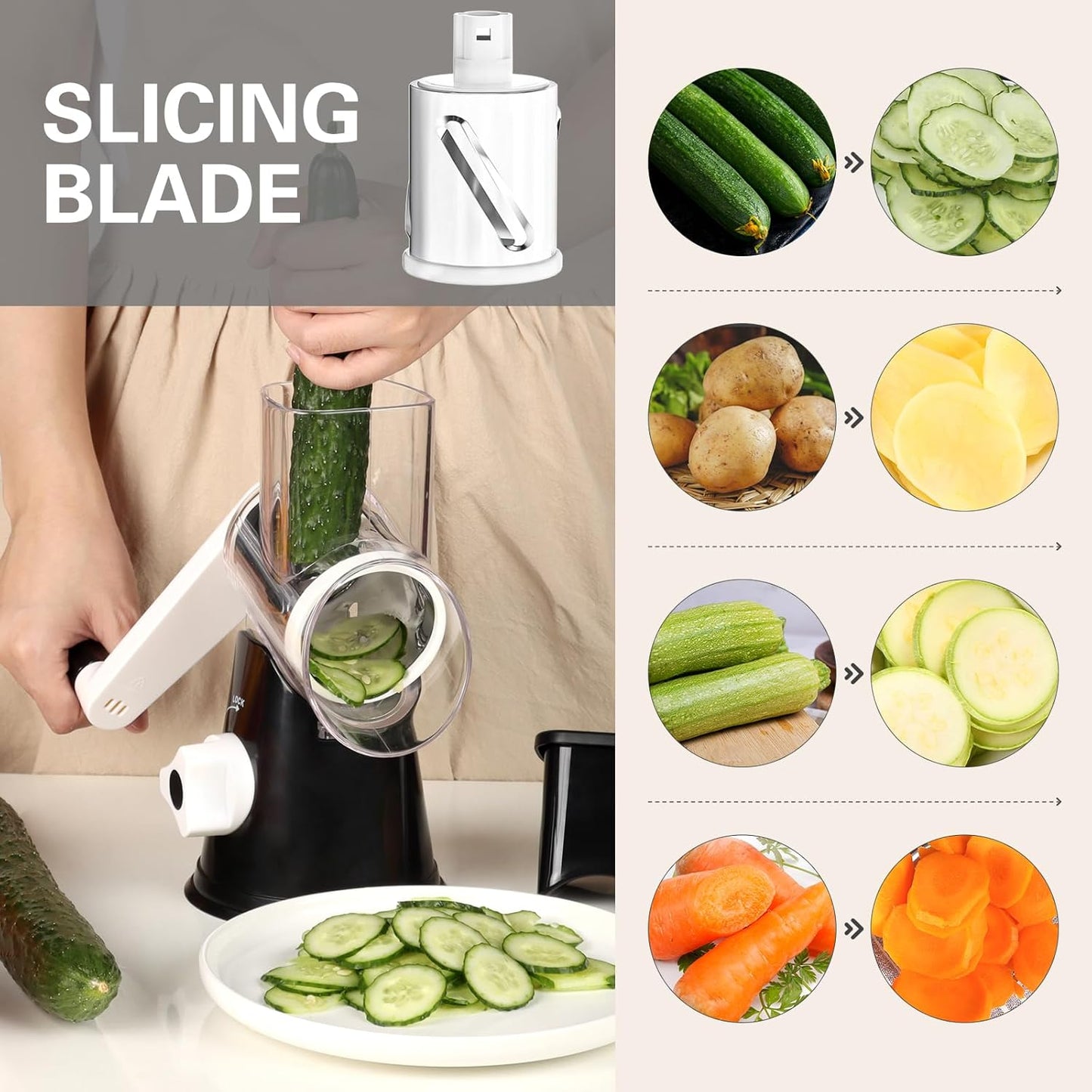 Hand Crank Rotary Cheese Grater with 3 Blades & Suction Base – Shreds Fresh Cheese, Vegetables & Nuts, Includes Cleaning Brush, Black