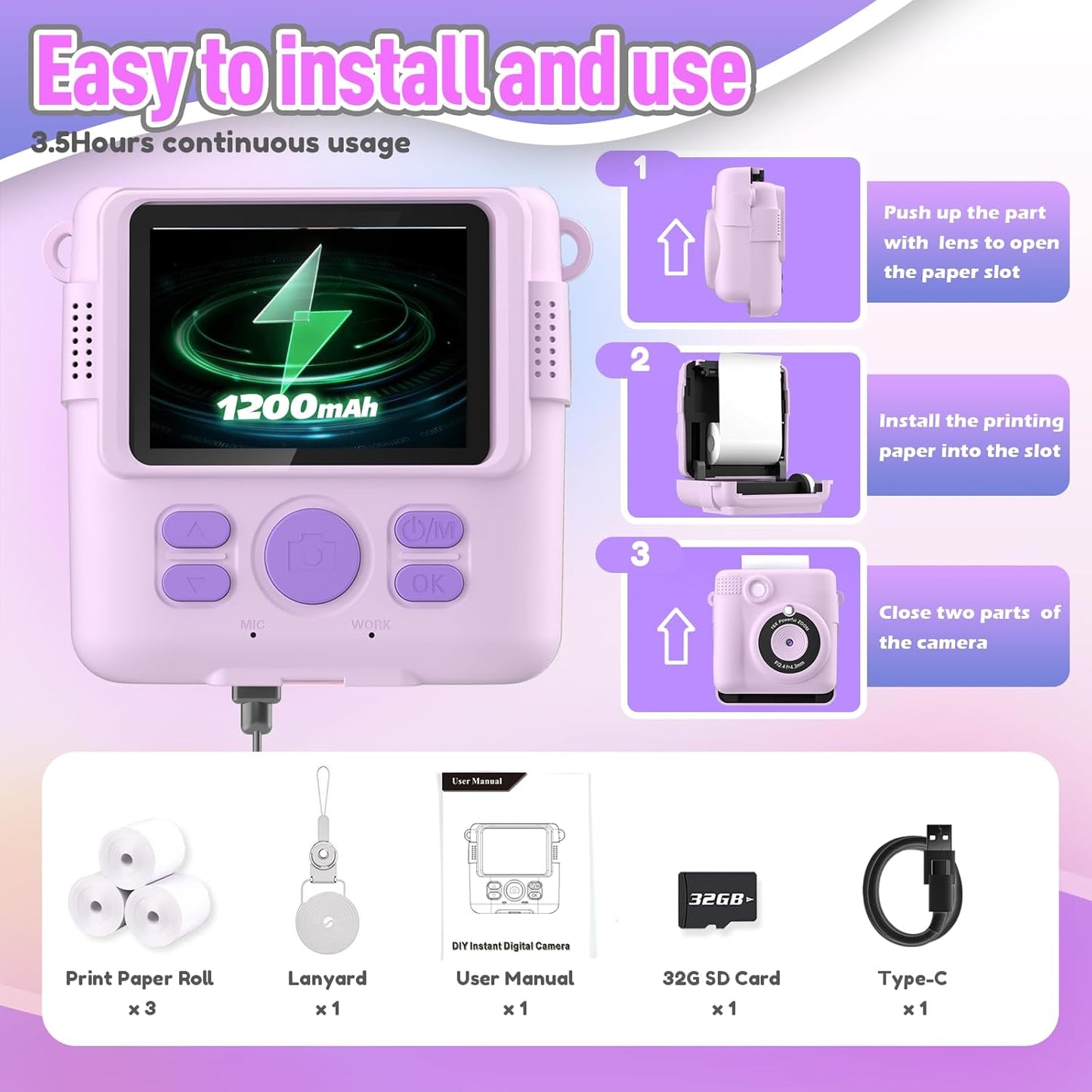 Instant Print Camera for Kids, Christmas Birthday Gifts for Girls Boys Age 3-12,Kids Digital Cameras for Toddler, with 32GB SD Card-Purple