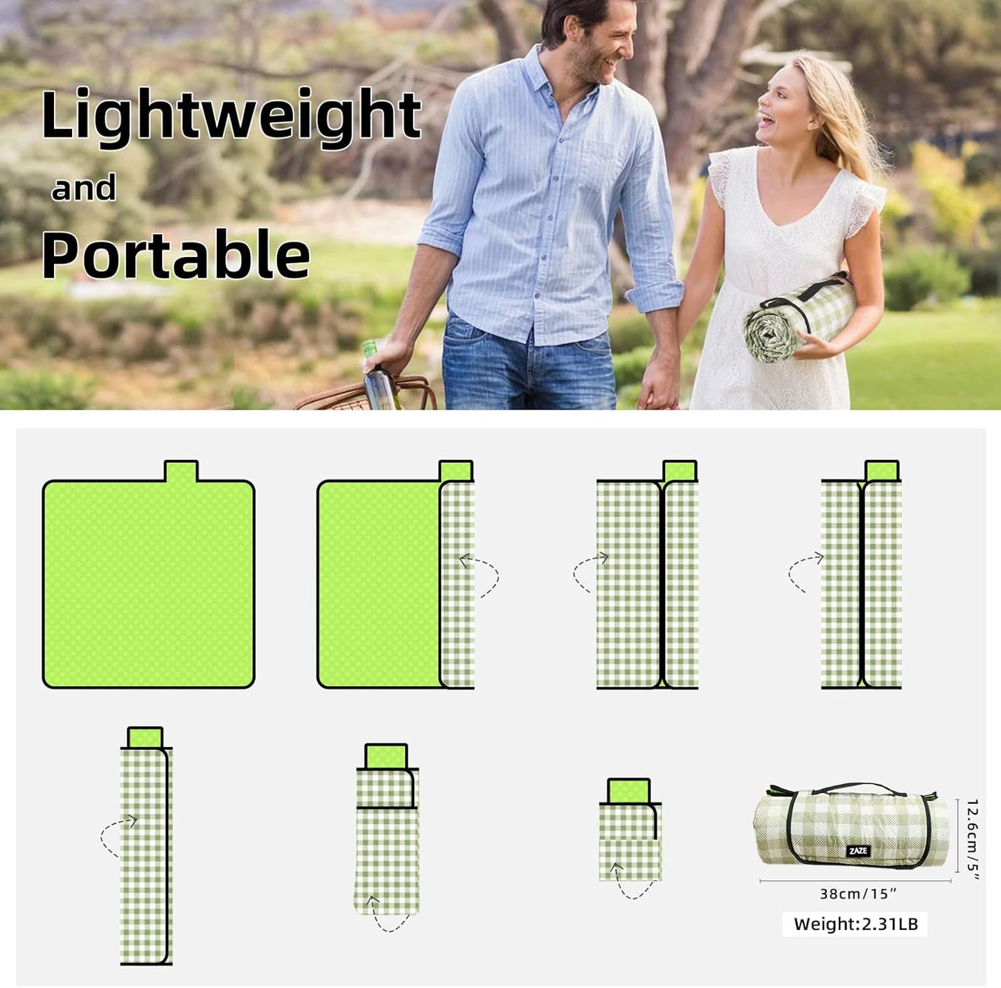 80x80 Waterproof Picnic Blanket – Foldable Outdoor Mat for Beach Camping Park, Green & White Gingham