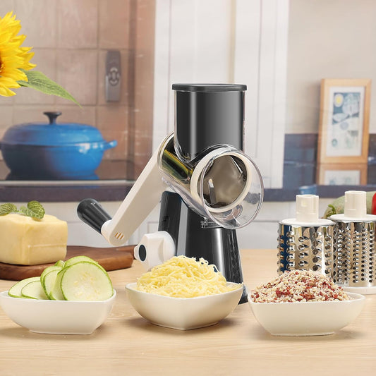 Hand Crank Rotary Cheese Grater with 3 Blades & Suction Base – Shreds Fresh Cheese, Vegetables & Nuts, Includes Cleaning Brush, Black