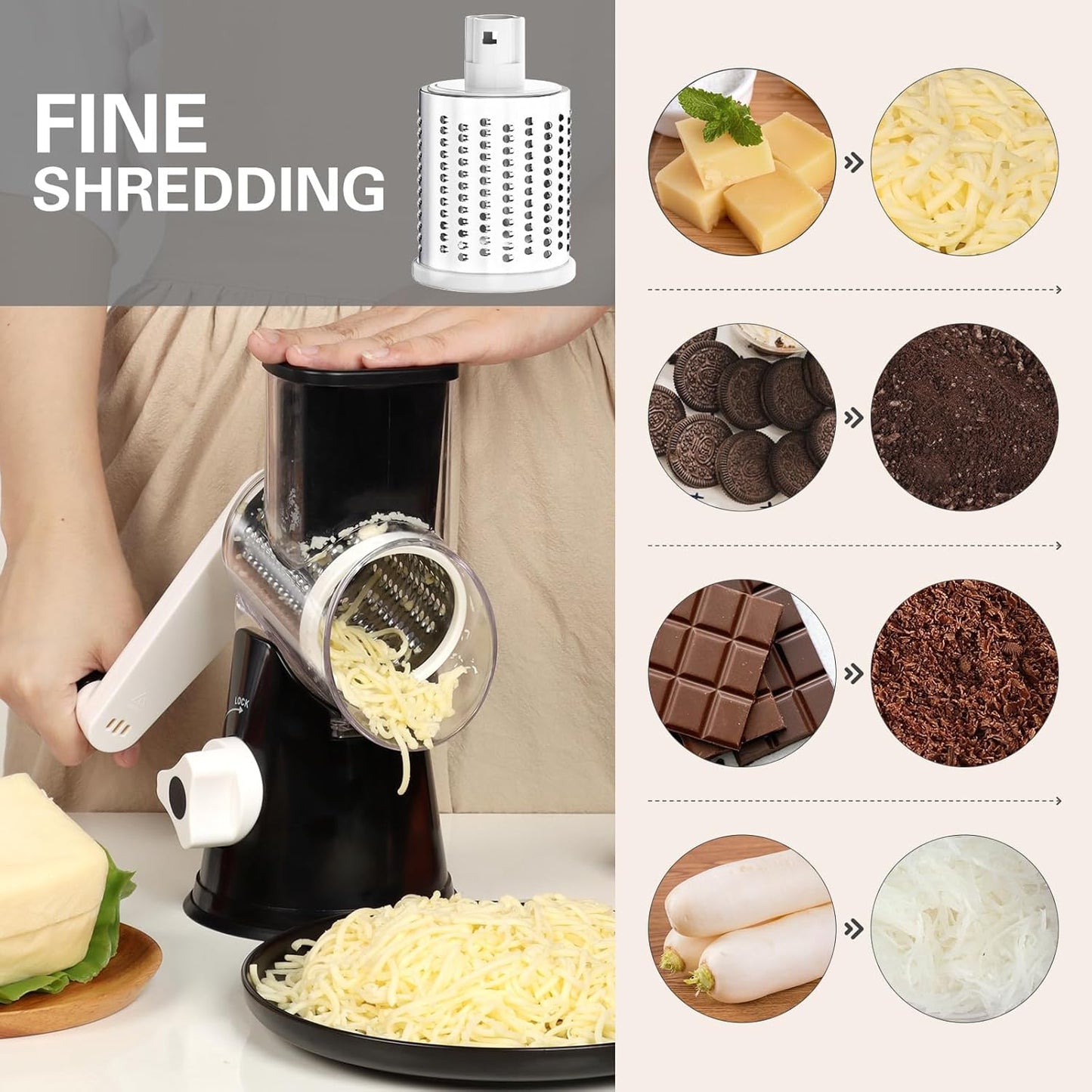 Hand Crank Rotary Cheese Grater with 3 Blades & Suction Base – Shreds Fresh Cheese, Vegetables & Nuts, Includes Cleaning Brush, Black