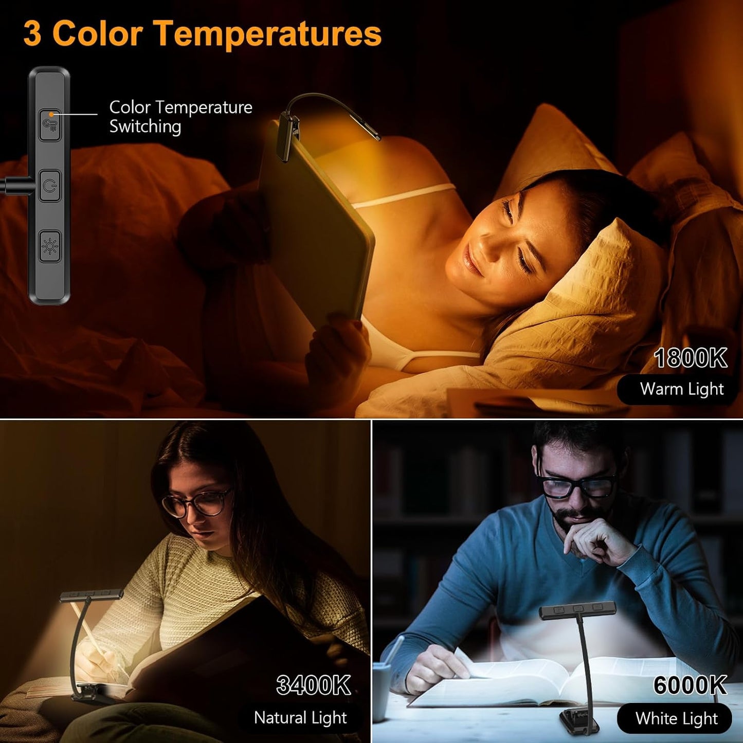 Rechargeable Clip-On Book Light – 3 Color Temperatures, 90H Runtime, Eye-Caring Reading Lamp