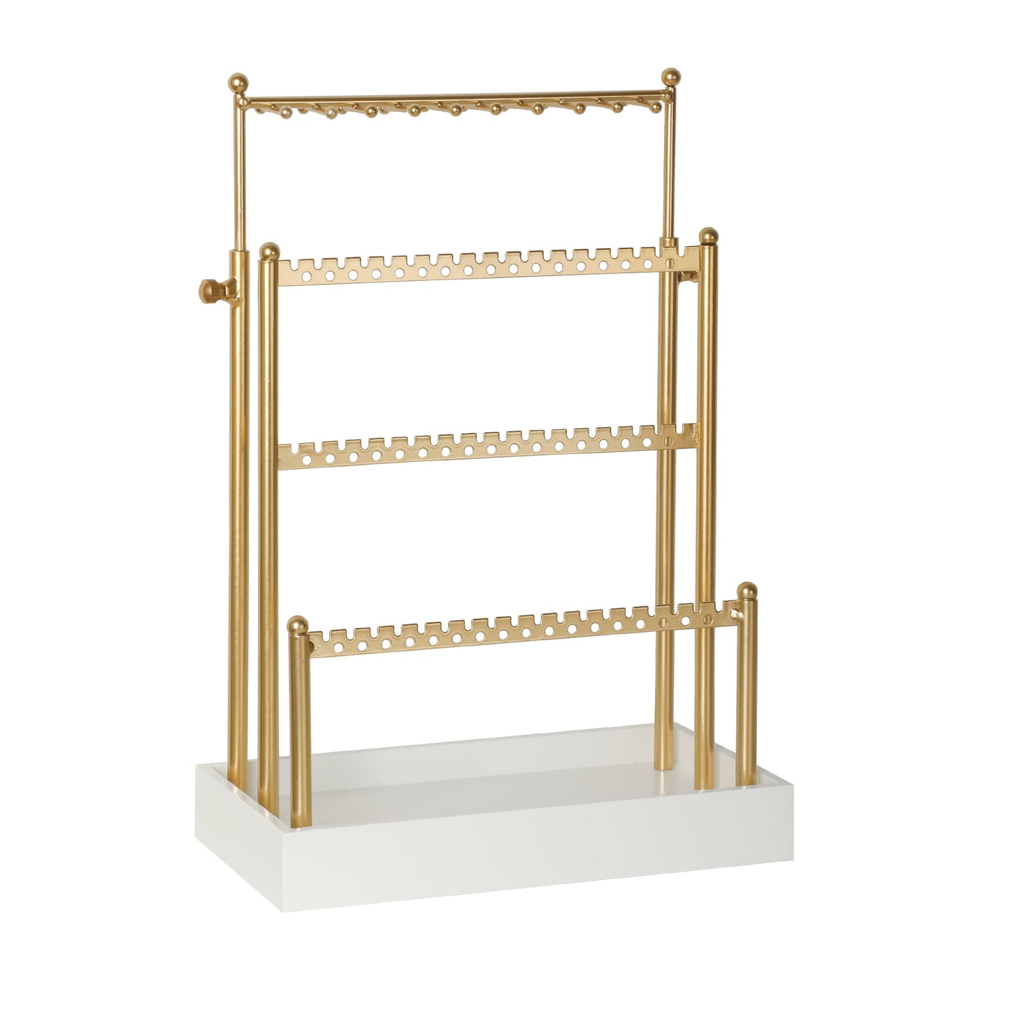 3-Tier Adjustable Earring Necklace Holder Organizer Stand, Gold Jewelry Display Tree with 105 Slots, 10 Double-Sided Hooks, White Tray for Women, Girls