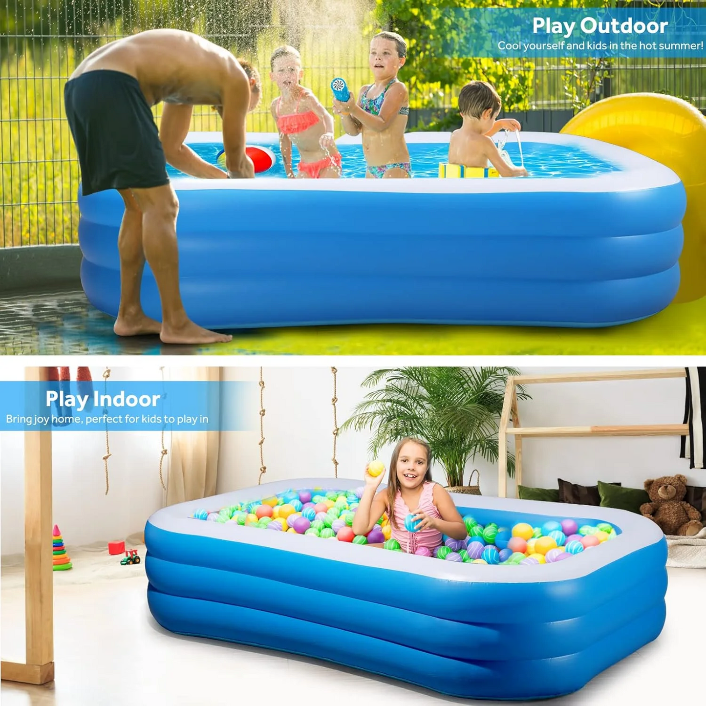Inflatable Swimming Pool Kids Adults Blow up Pool Family Backyard 120" x 72" x 22" Blue