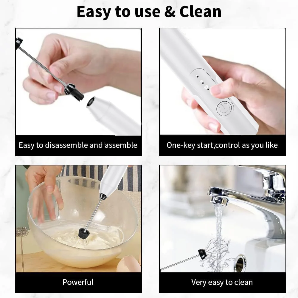 Handheld Milk & Coffee Frother Electric Mini Blender Stainless Steel Drink Mixer White
