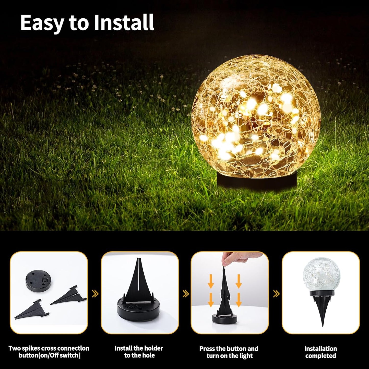 Outdoor 4 Pcs Solar Globe Lights - Waterproof Cracked Glass Ball Orbs for Garden & Patio
