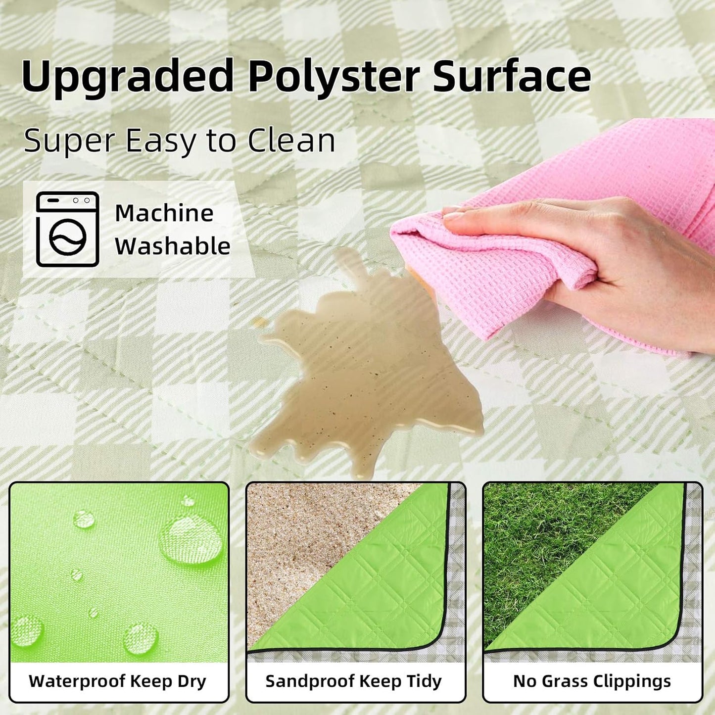 80x80 Waterproof Picnic Blanket – Foldable Outdoor Mat for Beach Camping Park, Green & White Gingham