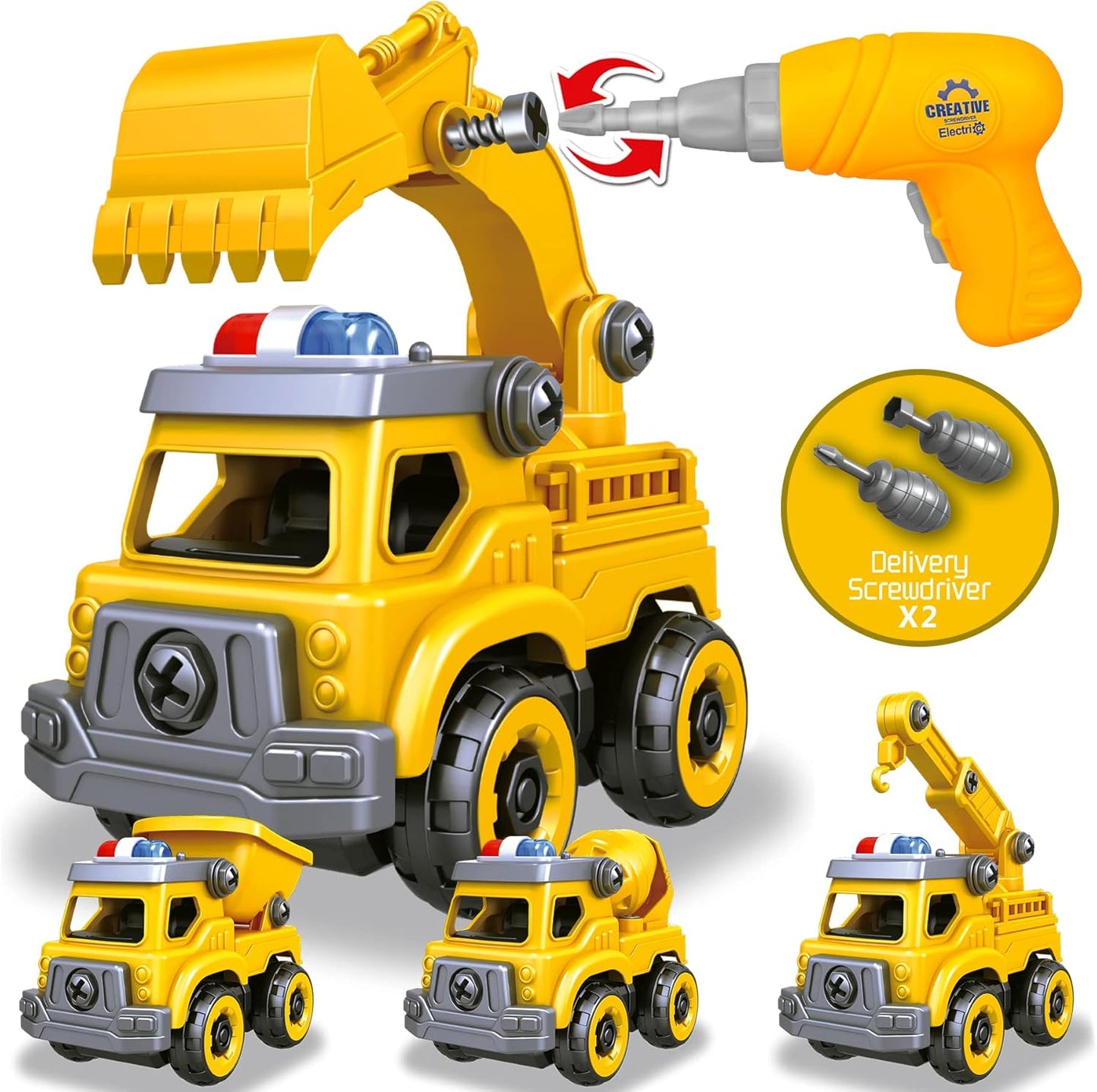 4-in-1 Take Apart Construction Vehicles – DIY Engineering Building Toy Set for Kids Ages 3-8