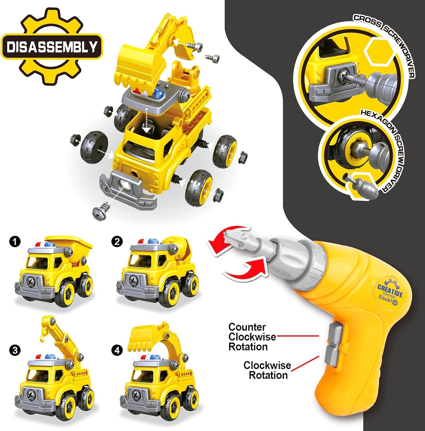 4-in-1 Take Apart Construction Vehicles – DIY Engineering Building Toy Set for Kids Ages 3-8