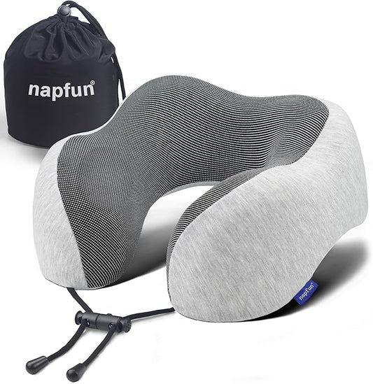Neck Pillow for Traveling, Upgraded Travel Neck Pillow for Airplane 100% Pure Memory Foam Travel Pillow for Flight Headrest Sleep, Portable Plane Accessories, Light Grey