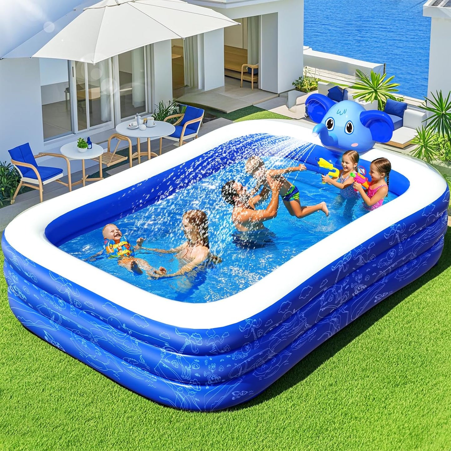 Inflatable Pools with Sprinkler, Upgraded Elephant Inflatable Swimming Pool, Kids Pools for Backyard, Large Inflatable Pool for Adults Blow up Pools, Oversized Thickened Family Inflatable Pool