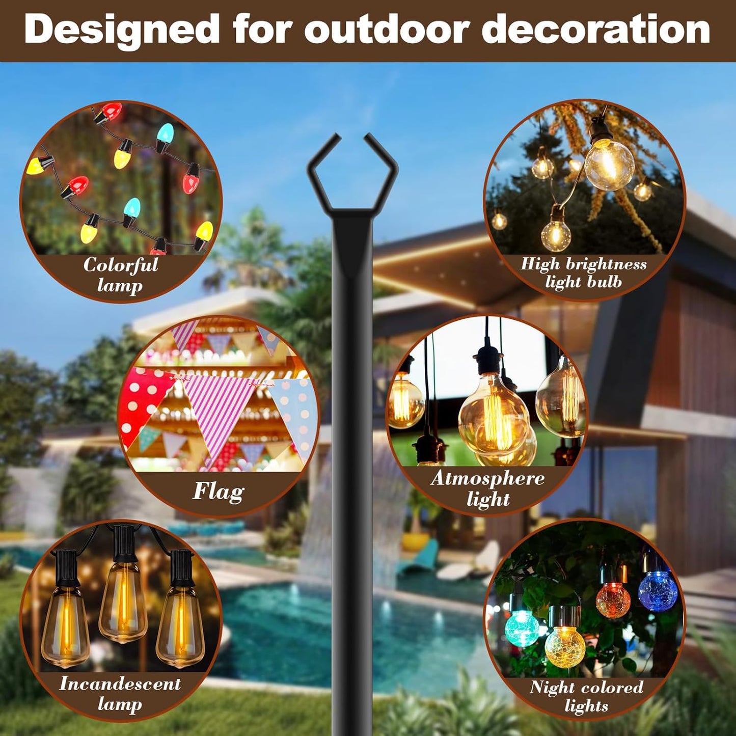 4 Pack Metal Outdoor Light Poles – 8.85ft Tall Stands with Brackets for String Lights