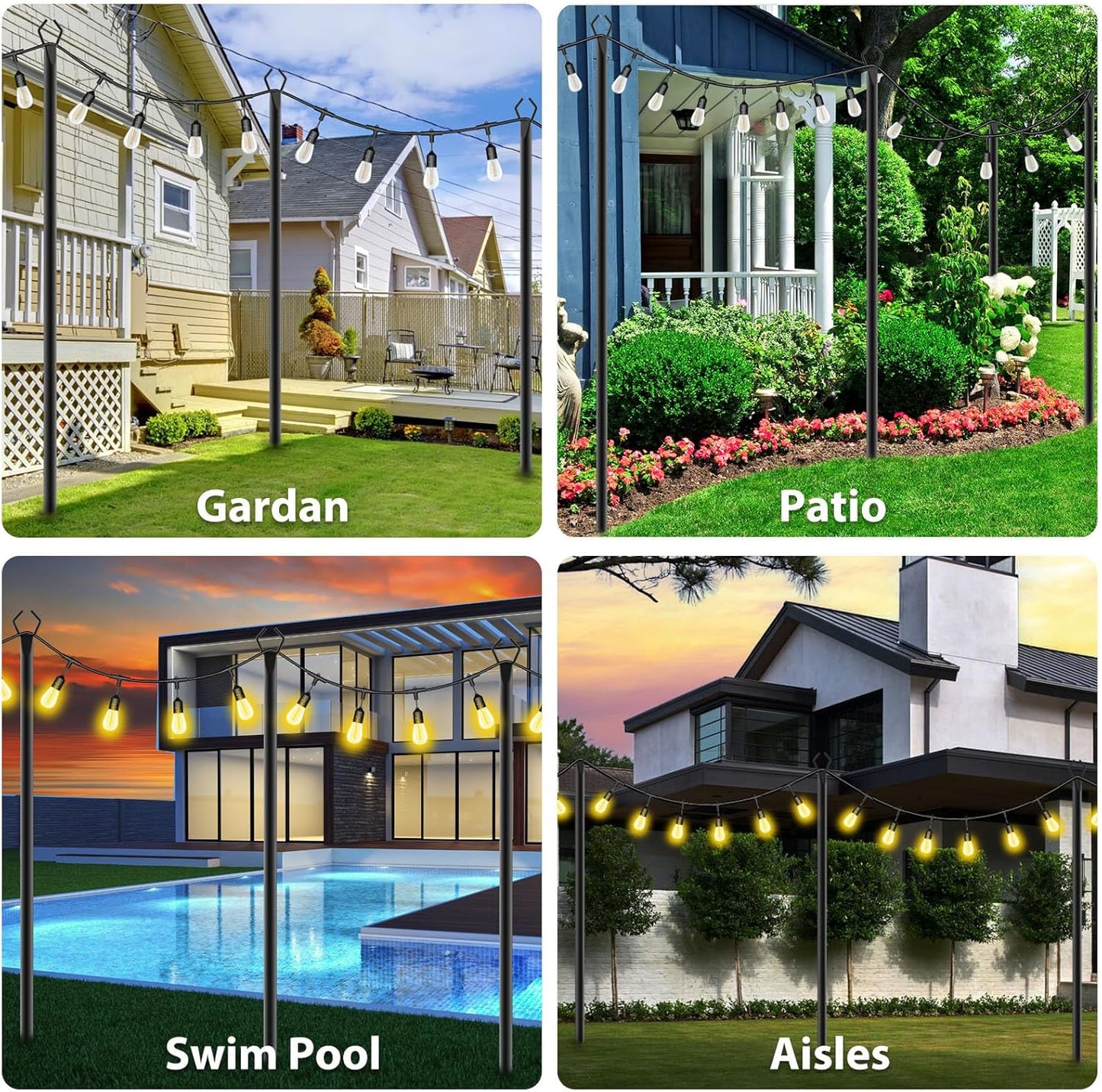 4 Pack Metal Outdoor Light Poles – 8.85ft Tall Stands with Brackets for String Lights