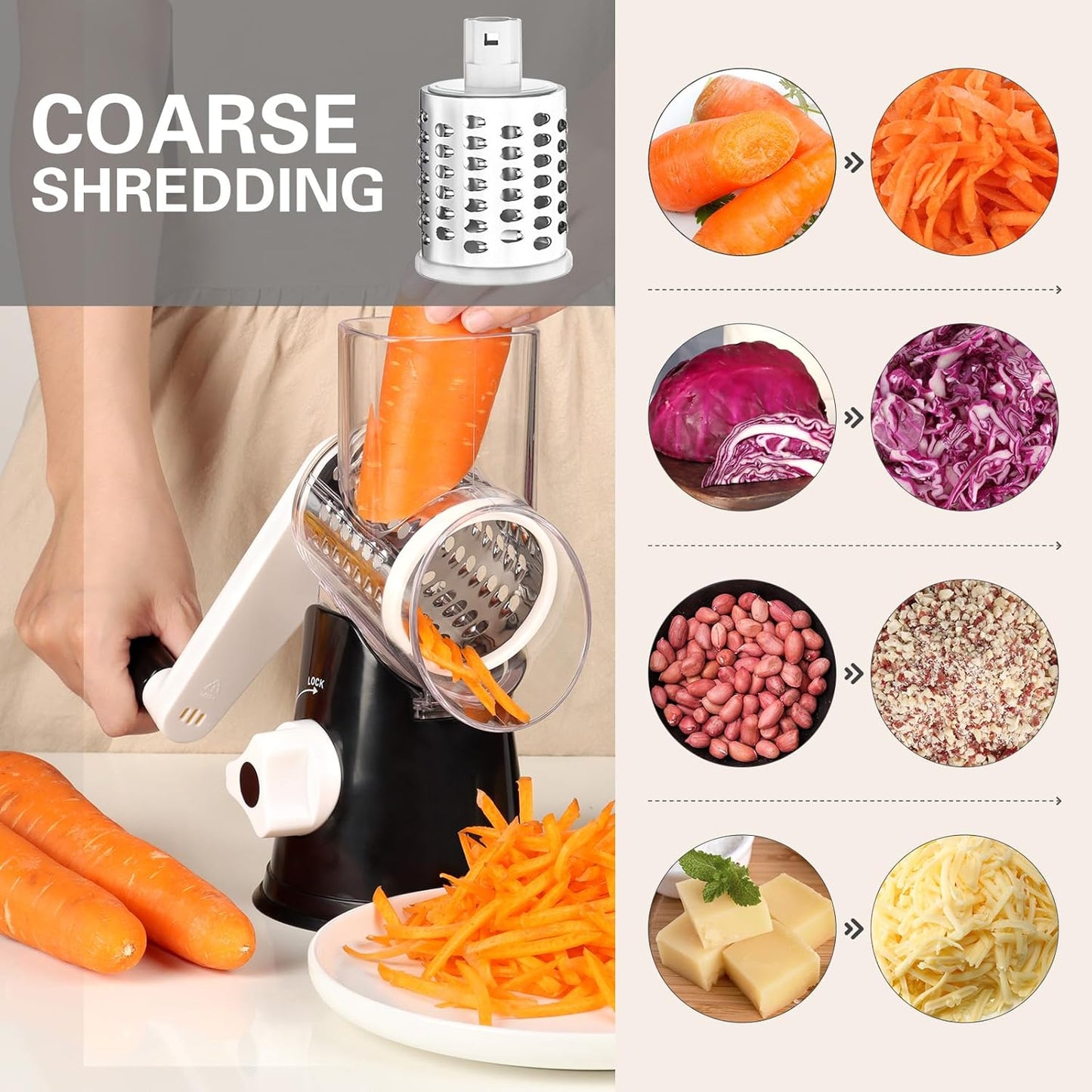 Hand Crank Rotary Cheese Grater with 3 Blades & Suction Base – Shreds Fresh Cheese, Vegetables & Nuts, Includes Cleaning Brush, Black