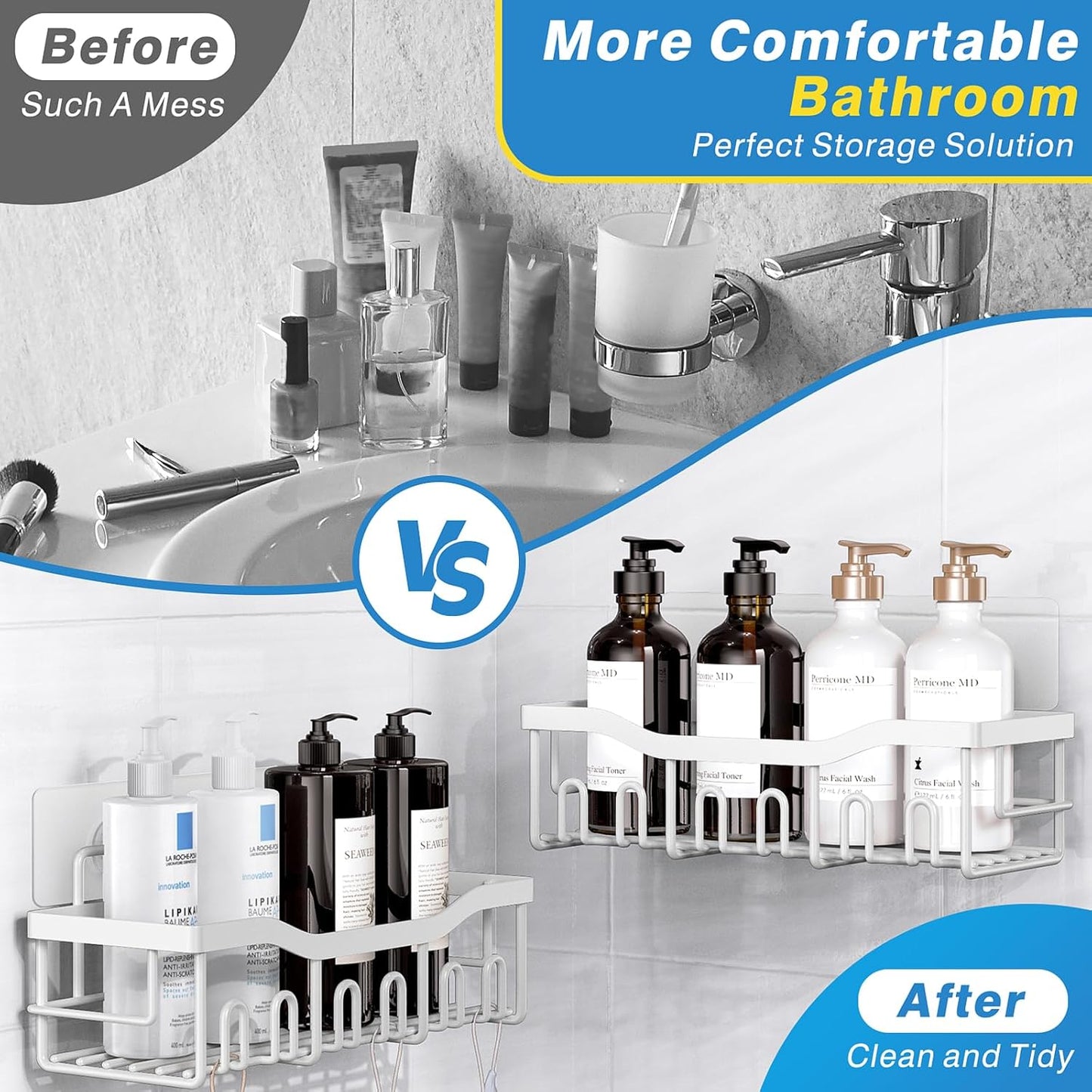 5-Pack Stainless Steel Shower Caddy – No-Drill Adhesive Shelves with Large Capacity, Rustproof Bathroom & Kitchen Organizer, XL Size