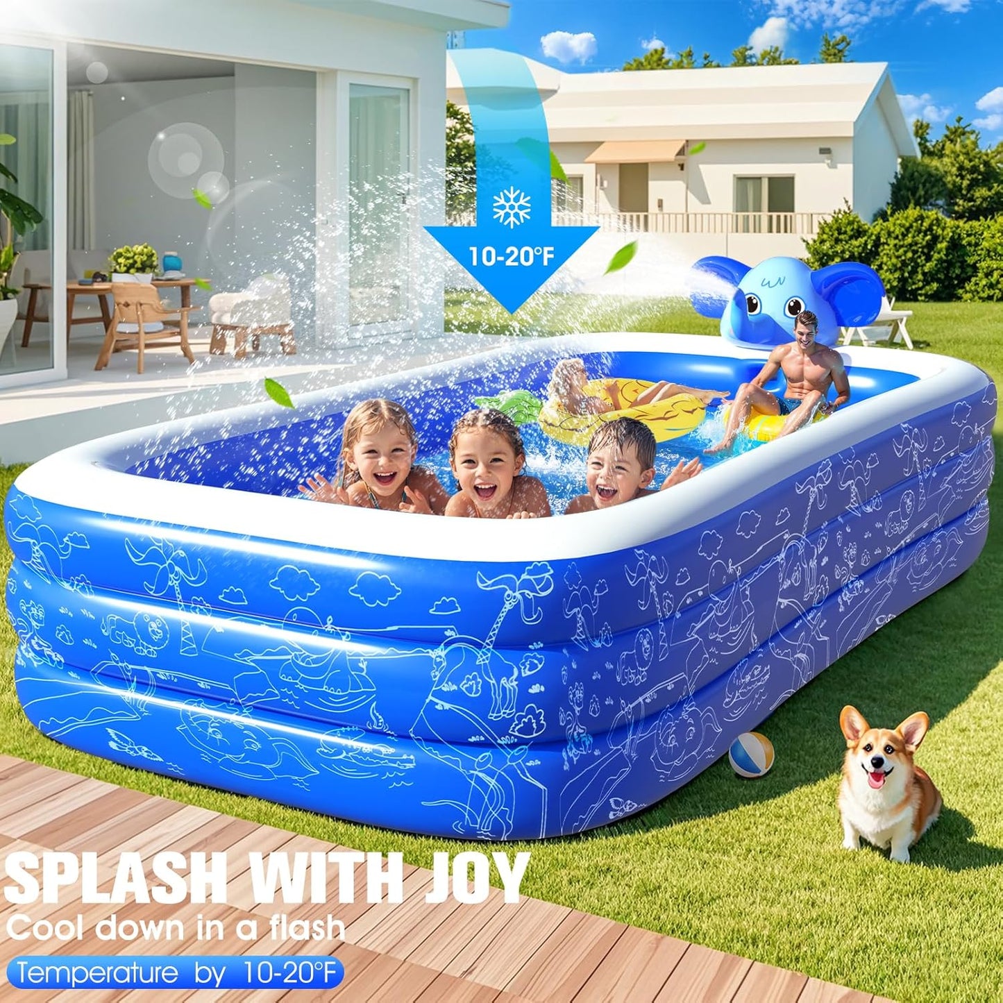 Inflatable Pools with Sprinkler, Upgraded Elephant Inflatable Swimming Pool, Kids Pools for Backyard, Large Inflatable Pool for Adults Blow up Pools, Oversized Thickened Family Inflatable Pool