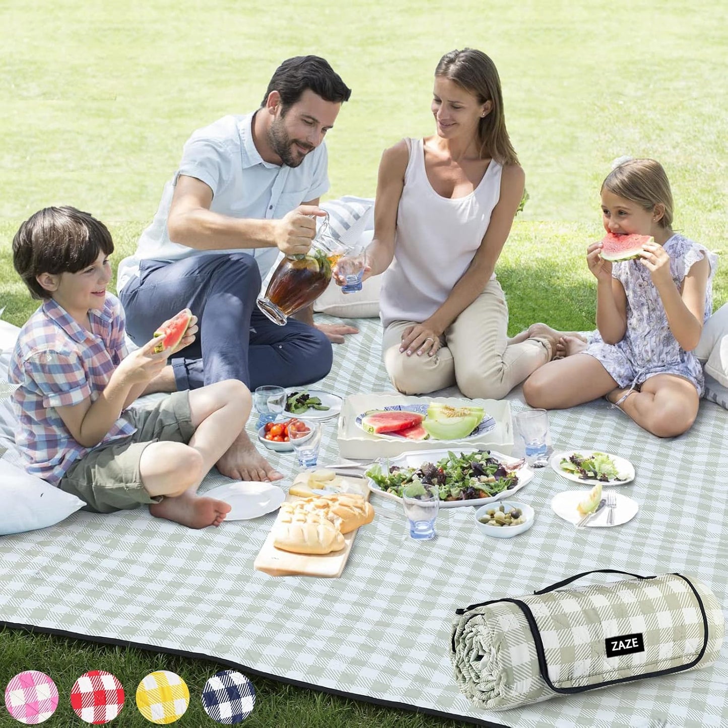 80x80 Waterproof Picnic Blanket – Foldable Outdoor Mat for Beach Camping Park, Green & White Gingham