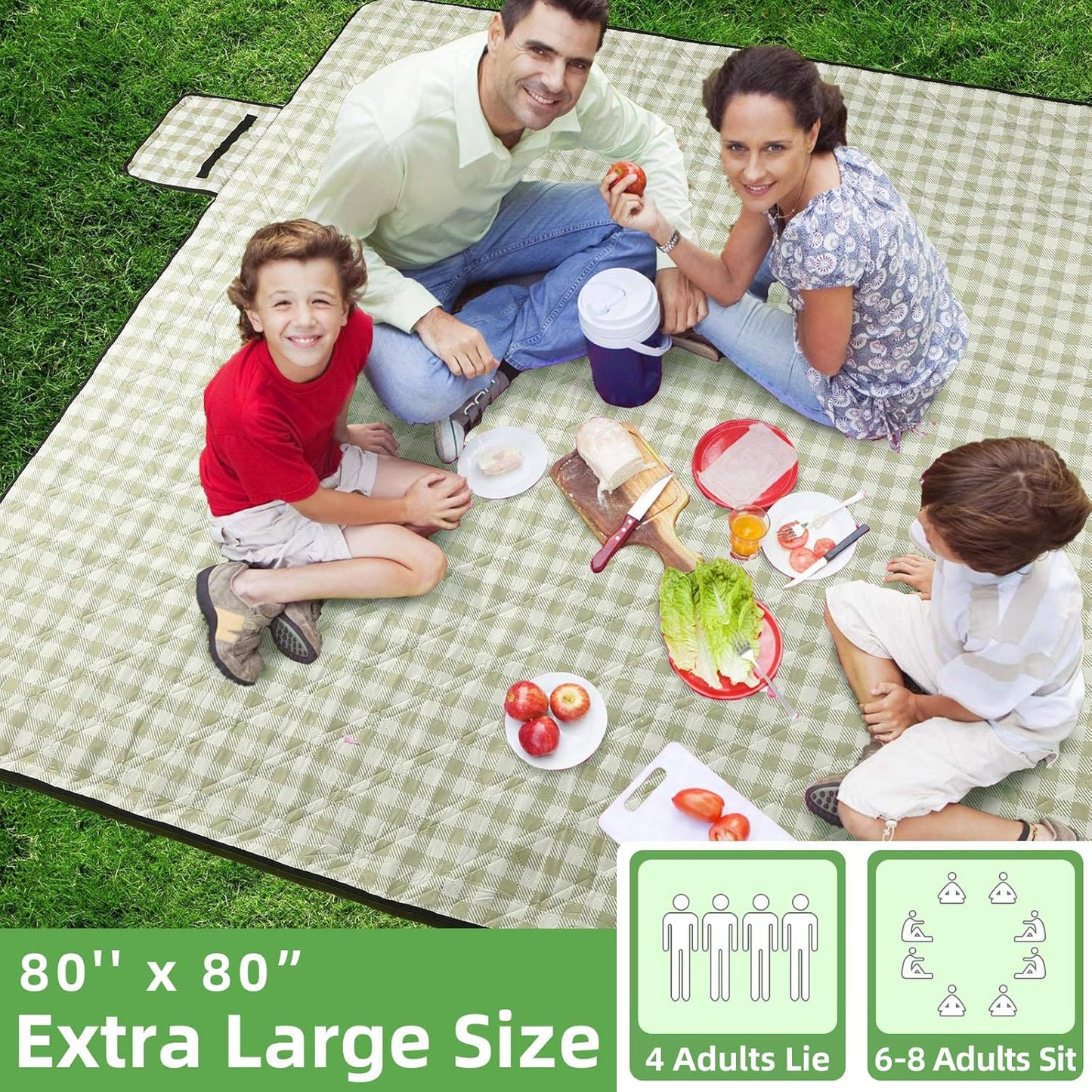 80x80 Waterproof Picnic Blanket – Foldable Outdoor Mat for Beach Camping Park, Green & White Gingham