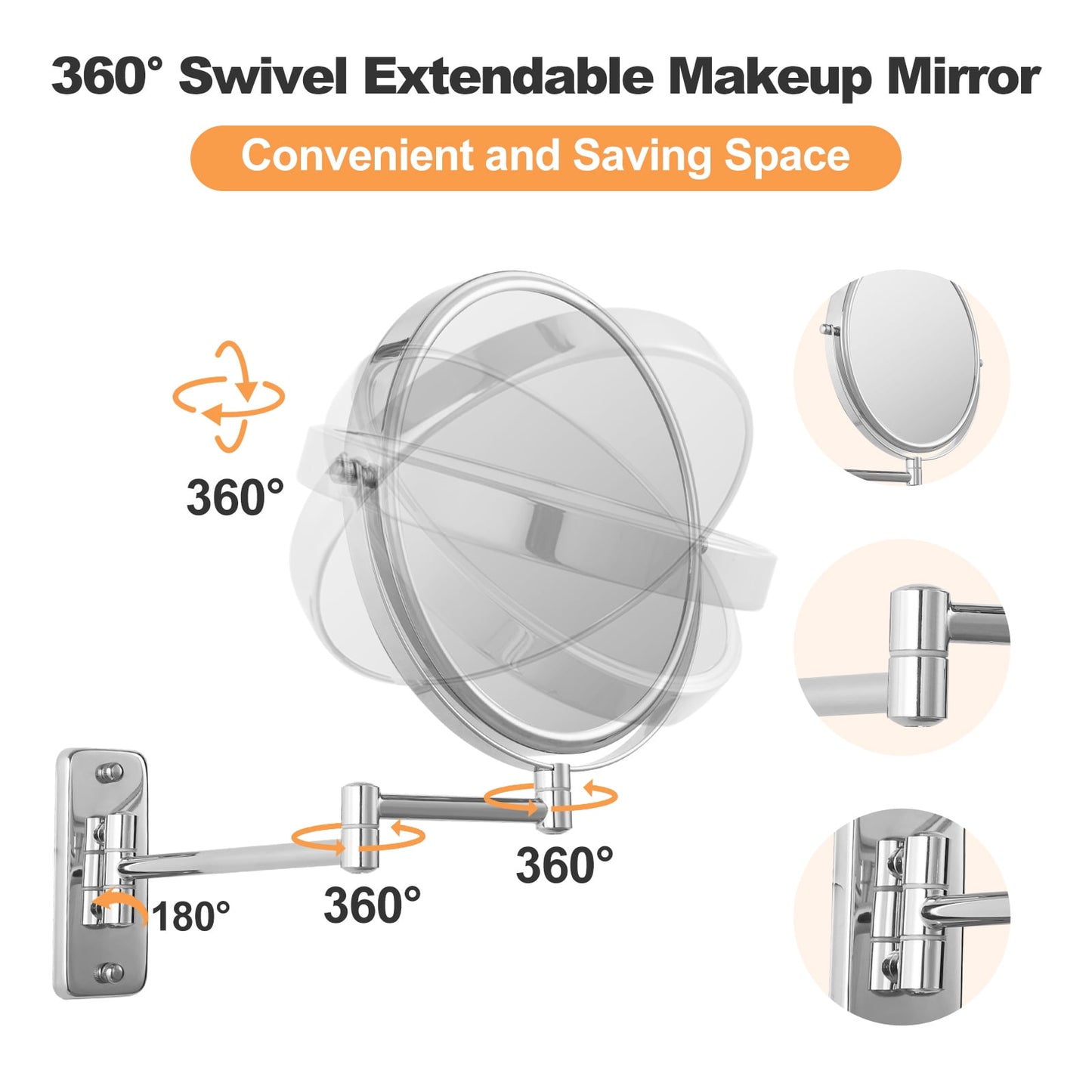 9" Magnifying Wall Mount Makeup Vanity Mirror, 1x/7x Double-Side with Magnification, Swivel Extendable Shaving Mirror for Bathroom, Chrome