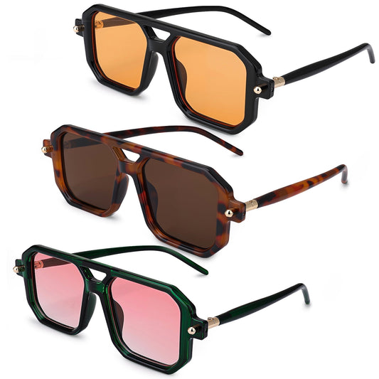 3 Pack Retro Aviator Sunglasses for Women Men, 70s Square Double Bridge Pilot Sun Glasses with UV400 Protection, Vintage Oversized Shades, Black/Green/Brown