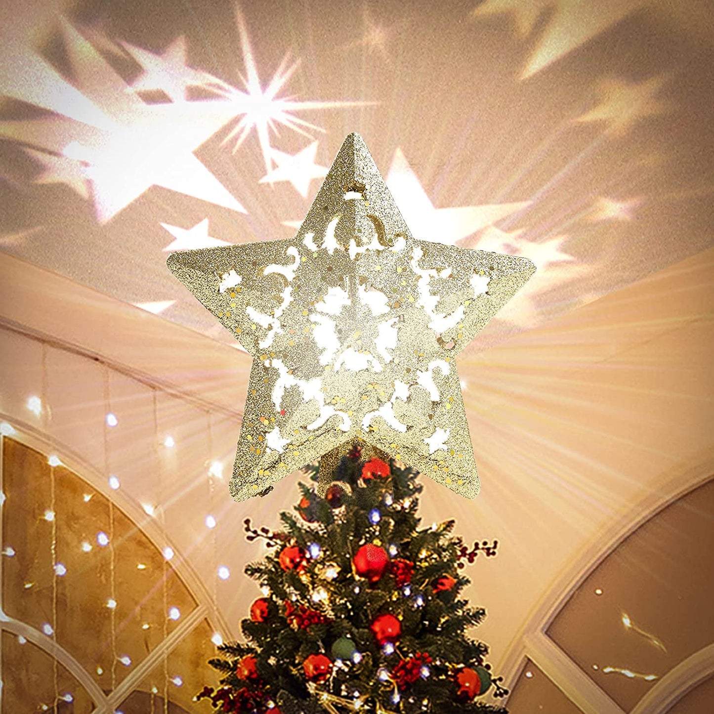 Christmas Tree Topper Projector, LED Star Tree Topper Light, Glitter Gold Star Topper Projector