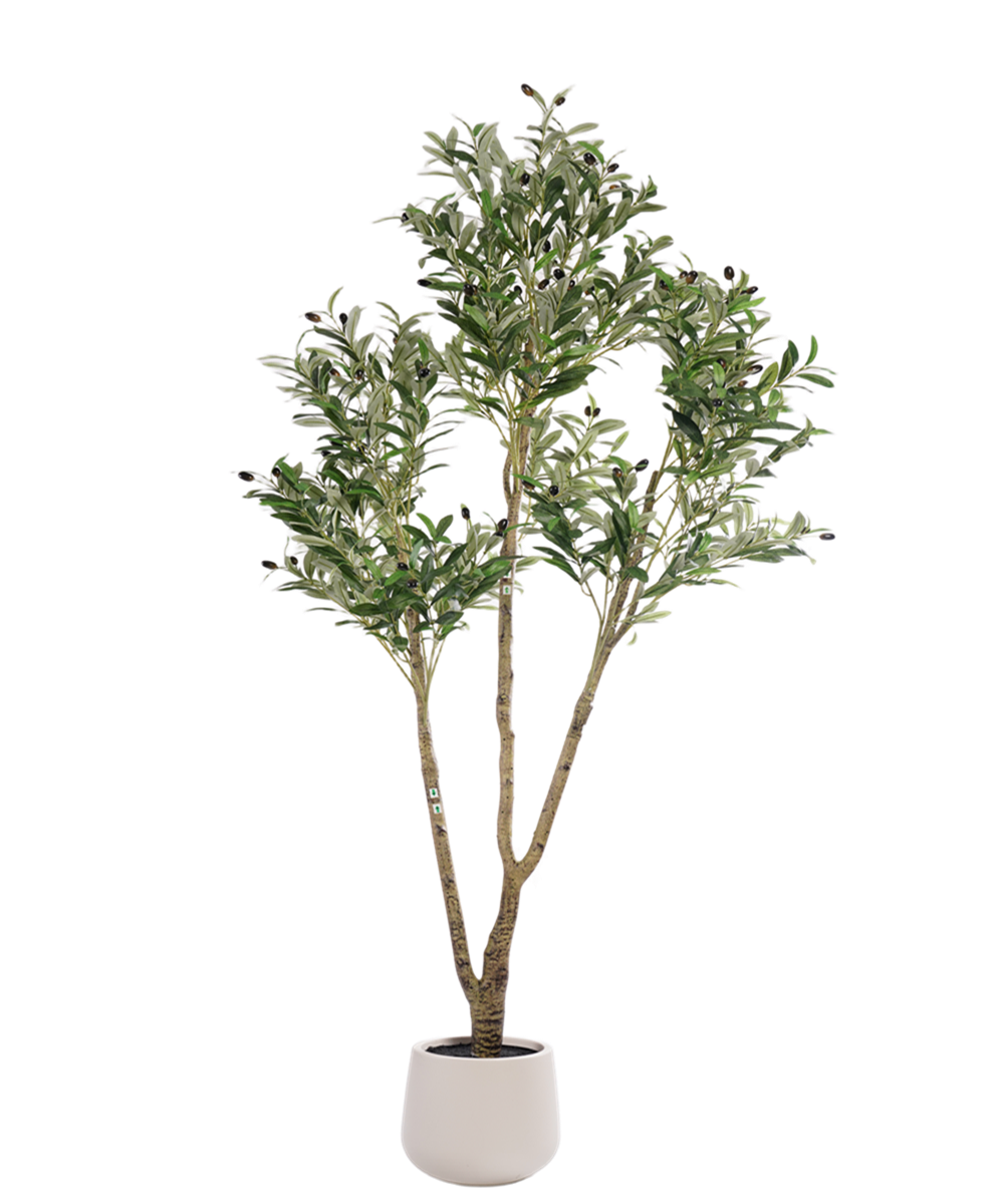 7FT Tall Artificial Olive Tree for Home Office Decor, Faux Olive Tree with White Tall Planter, Artificial Plants with Natural Wood Trunk and Lifelike Fruits