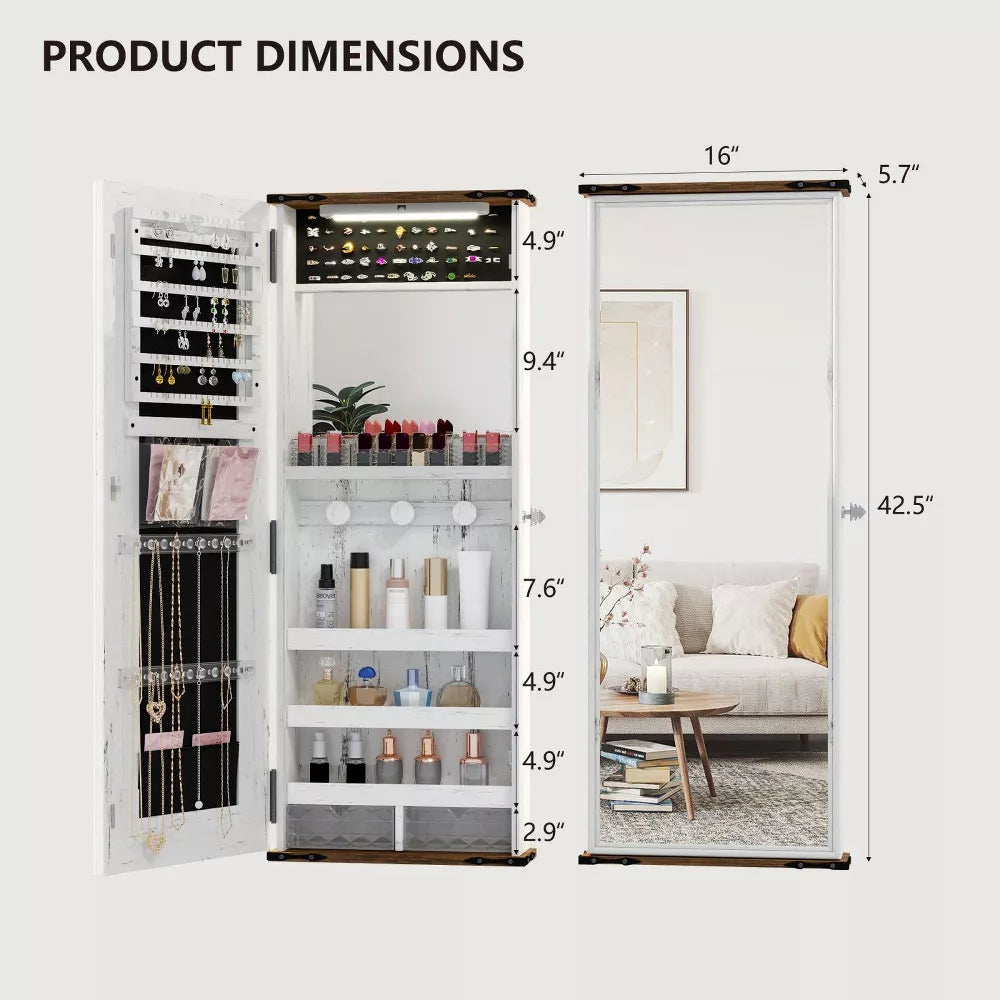 FONTOI Jewelry Armoires, Wall Mount Mirror Jewelry Cabinet with Compartments, Hanging Full Length Mirror with Secure Lock, White, 5.71"x16.14"x42.52"