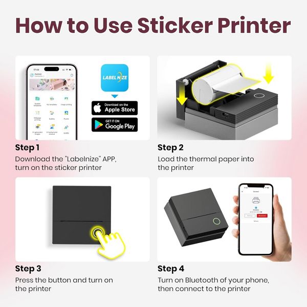 PM290C Inkless Sticker Printer: A portable Bluetooth mini printer for notes, journals & DIY. Comes with 3 paper rolls. The ideal creative gift