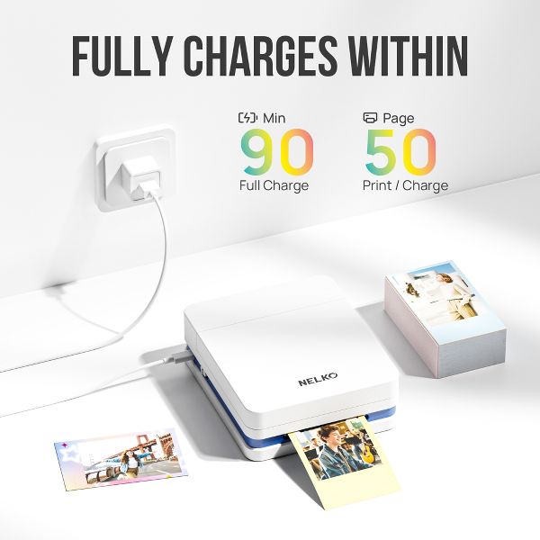 Portable Photo Printer, PP03 Color Mini Photo Printer for iPhone & Android, with 50 Sheets of Photo Paper, Bluetooth Printer for Family, White