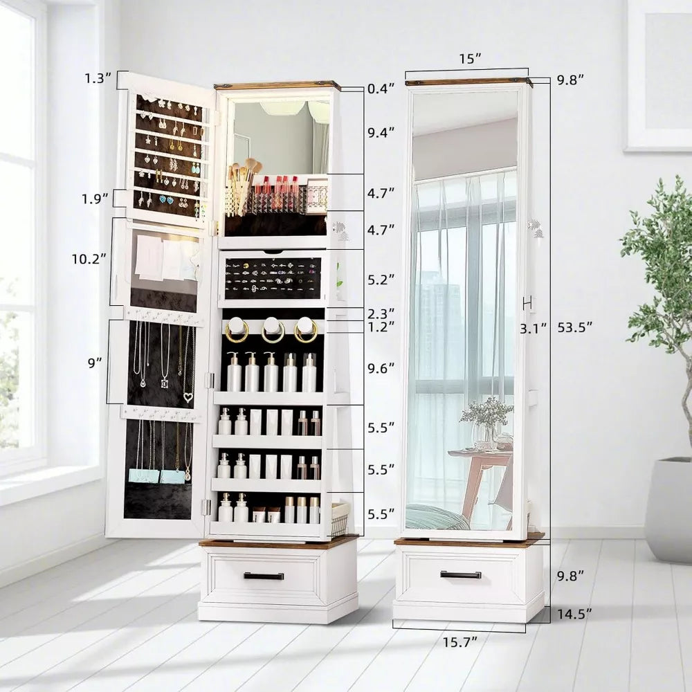 FONTOI Jewelry Armoire, Mirror Jewelry Cabinet Standing with Wheels 15.74"D x 14.56"W x 58.74"H
