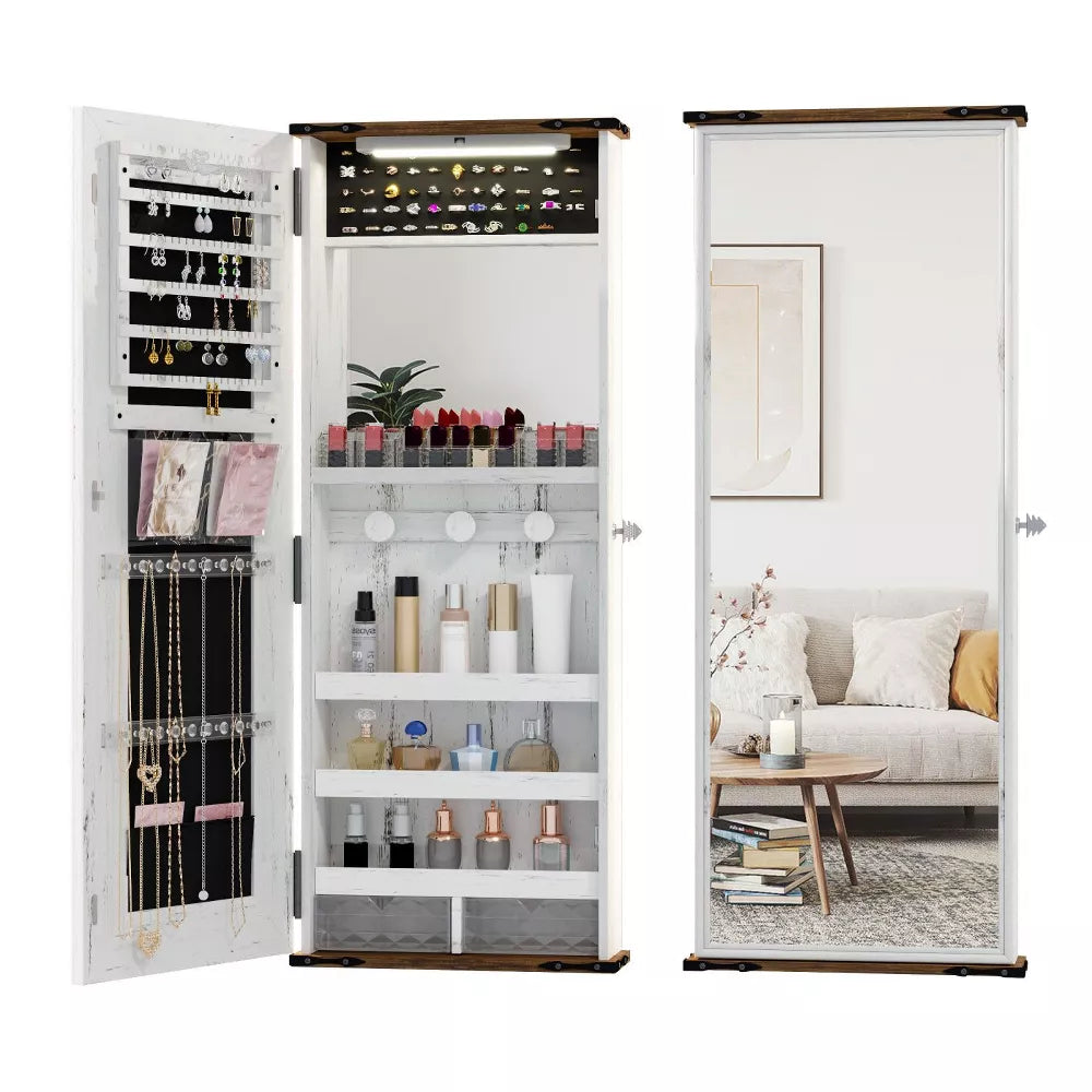 FONTOI Jewelry Armoires, Wall Mount Mirror Jewelry Cabinet with Compartments, Hanging Full Length Mirror with Secure Lock, White, 5.71"x16.14"x42.52"