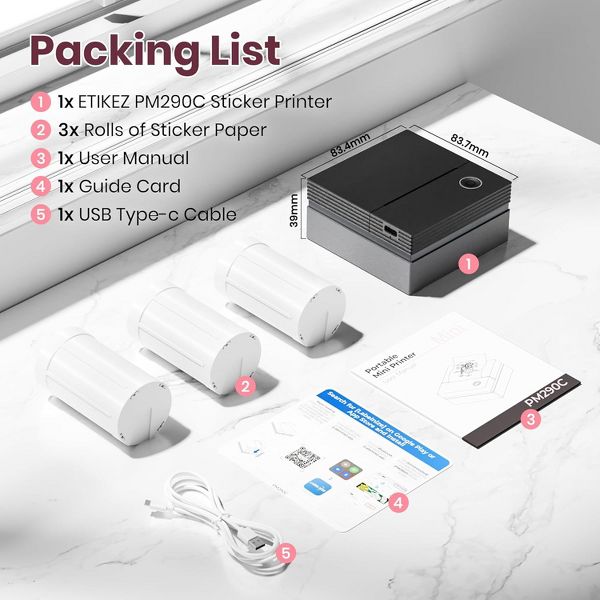PM290C Inkless Sticker Printer: A portable Bluetooth mini printer for notes, journals & DIY. Comes with 3 paper rolls. The ideal creative gift