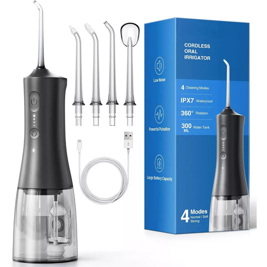 Cordless Water Flosser - Portable Oral Irrigator with 300ml Tank, 4 Modes & 3 Jet Tips, IPX7 Waterproof for Home Travel