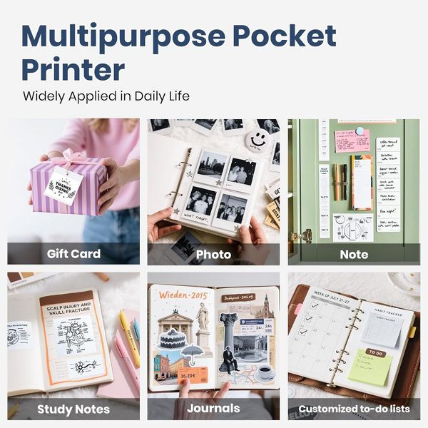 PM290C Inkless Sticker Printer: A portable Bluetooth mini printer for notes, journals & DIY. Comes with 3 paper rolls. The ideal creative gift