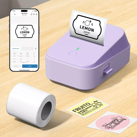 2 Inch Bluetooth Label Printer - Inkless Portable Label Maker with Tape, Purple, for Home & Office Organization