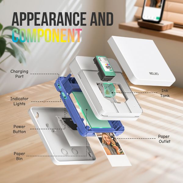 PP01 mini photo printer: Print sticky-back photos instantly from your phone with Bluetooth and the editing app,Beige